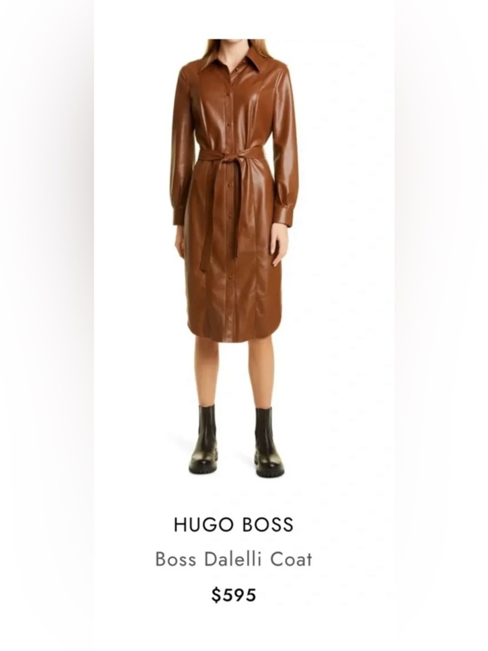 Hugo Boss Cognac Brown Faux-Leather Shirt Dress with Tie Waist size 6
